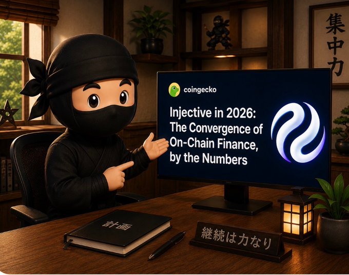 A 3D-rendered ninja character pointing at a computer monitor displaying a CoinGecko article titled "Injective in 2026: The Convergence of On-Chain Finance, by the Numbers".