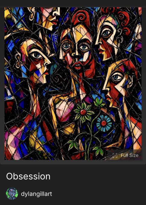 A colorful cubist-style painting titled 'Obsession' by dylangillart, depicting multiple fragmented faces and flowers in vibrant colors.
