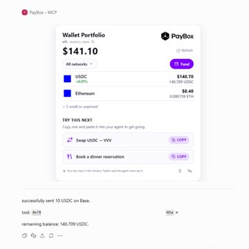 A screenshot of the PayBox MCP interface displays a wallet portfolio worth $141.10, showing balances of 140.70 USDC and 0.40 ETH, with options to swap USDC-VVV or book a dinner reservation.