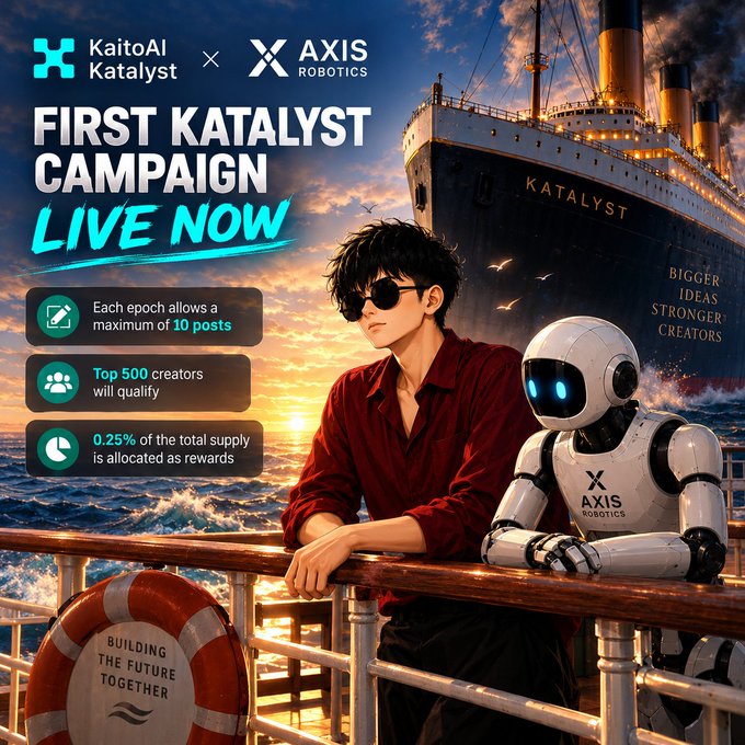 A promotional graphic for 'First Katalyst Campaign Live Now' featuring the logos of KaitoAI Katalyst and AXIS Robotics, depicting an anime-style character and a robot against a ship backdrop with text highlighting 'Bigger Ideas, Stronger Creators'.