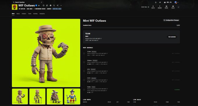The image shows a website displaying NFT artwork titled "Mint WIF Outlaws" on a dark interface, featuring a cowboy skeleton character with a red eye and hat against a bright green background, alongside mint schedule details and the artist's wallet address (1,222 available items). This appears to be the artist promoting their NFT collection by tagging prominent crypto personalities, hoping for visibility and potential minting opportunities for their Western-themed artwork.