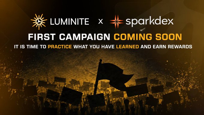 The image features a banner with an orange background that displays the text "First Campaign Coming Soon", indicating that a new campaign or project has been launched, possibly related to SparkDEX. The banner also includes a black flag with a gold star on top, which is prominently displayed in the center of the image. The text at the bottom of the image reads: "It's time to practice what you have learned and earn rewards". This suggests that users should actively engage with the campaign or project to learn and benefit from it, as there are rewards available for those who participate.