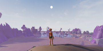 A character stands atop a cliff overlooking a dreamlike purple landscape with floating islands, reflective lakes, and a pale moon in the sky, capturing the immersive atmosphere of the OthersideMeta world.