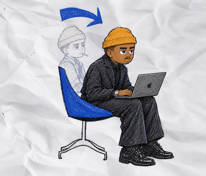 A pencil sketch-style drawing on crumpled paper showing a Black man in a yellow beanie and dark clothing working on a laptop, with a faded pencil version of him smoking behind, and a blue arrow pointing to the transformation.