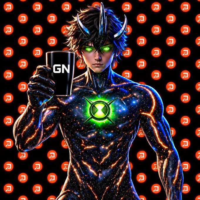 An anime-style superhero character with glowing green eyes and a galaxy-textured body holds up a black mug labeled 'GN', set against a background of orange 'R' logos.