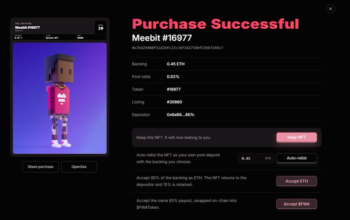 A confirmation screen shows "Purchase Successful" for Meebit #16977 at 0.45 ETH with 0.02% pool odds, matching the rare gacha win celebrated in the post.