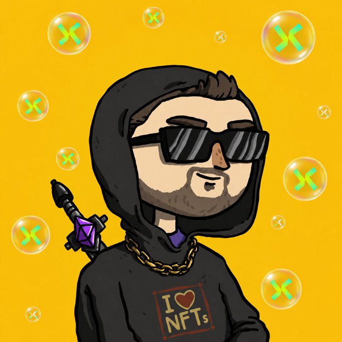 A cartoon illustration of a bearded man in sunglasses and a hoodie with an 'I ♥ NFTs' logo, surrounded by bubbles displaying the XRP cryptocurrency symbol.