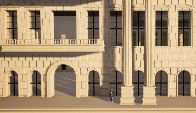 A 3D architectural model of a classical-style building with tall pillars, arched windows, and a balcony, with a tiny human figure standing at the base for scale.