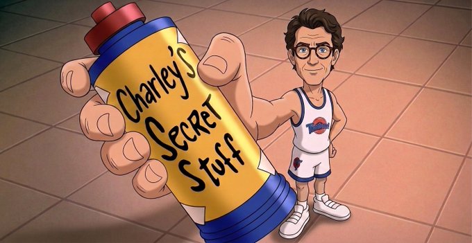 A cartoon illustration of a man in a sports jersey holding a yellow bottle labeled 'Charley's Secret Stuff'.