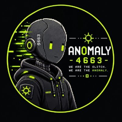 A circular logo on a dark background featuring a grey robot head with green accents and the text 'ANOMALY - 4663 - WE ARE THE GLITCH. WE ARE THE ANOMALY.'