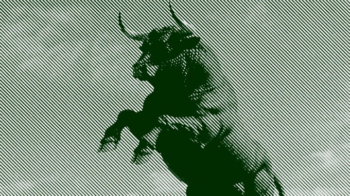 A stylized dark green and white illustration of a stag or deer head with antlers, rendered in a striped/halftone artistic style.