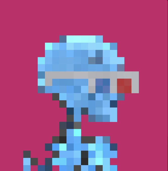 A pixel art illustration of a blue knight or robot character wearing a helmet with a glowing red visor, set against a dark pink background.