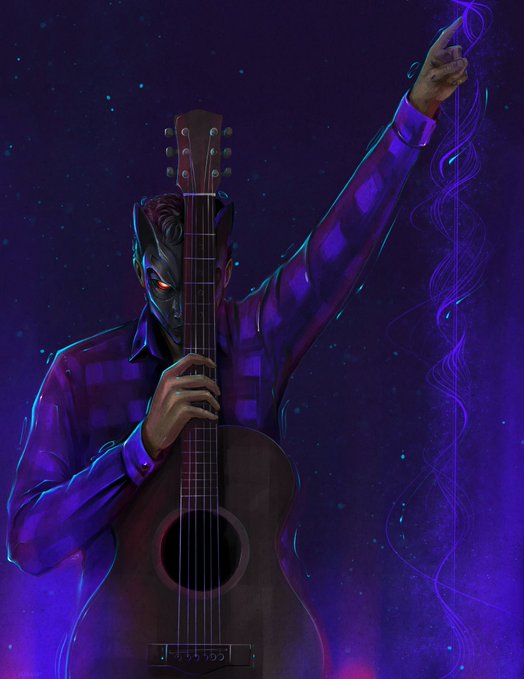 A stylized digital illustration of a man in a purple plaid shirt holding an acoustic guitar, with half of his face shadowed and one glowing red eye, pointing upward against a starry purple background.