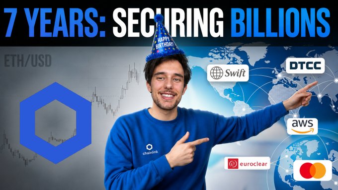 The image features a man wearing a party hat with the text "7 Years: Securing Billions" written above him, pointing towards a map of the world. The background includes logos for Bitcoin, Ethereum, Ripple, and others, as well as a map showing the growth of these digital currencies over time. There is also a link to a video about Chainlink socks on YouTube.