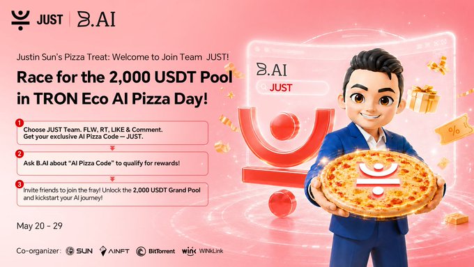 The image features a cartoon man holding up pizza slices with a sign that says "Just' AI Race for the 2,000 USDT Pool in TON ECONO PIZZA DAY". The text encourages people to join the campaign by claiming their 500K free credits and joining the team. The post is about three days away, so there are still plenty of time left to claim the prize pool before the timer runs out.