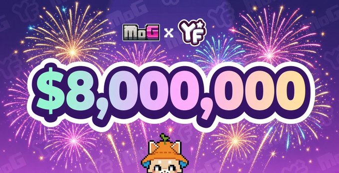 Promotional graphic featuring fireworks, a pixel art character, and logos for "MoG" and "YF" with large text reading "$8,000,000".