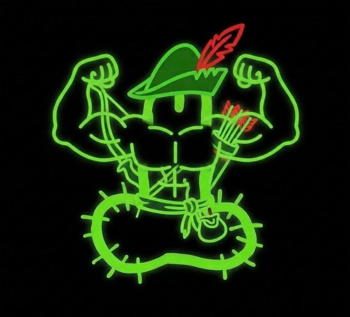 A neon green and red glowing muscular figure wearing a Robin Hood hat flexes its biceps while encircled by a thorny vine, visually reinforcing the post's crude metaphor about masculinity and tying into the $MANHOOD ticker branding at manhood.pplx.app.