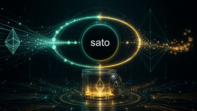 A stylized digital graphic featuring the word 'sato' inside a glowing neon ring, surrounded by Ethereum logos and circuit board patterns on a dark background.