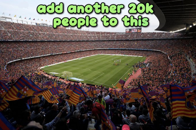 A packed football stadium filled with fans waving flags, with overlay text reading "add another 20k people to this." The image visually illustrates the massive scale of 20,000 people, reinforcing the post's argument that requiring 120,000 Pumpfun referrals to match one KOL's earnings is an absurdly high demand.