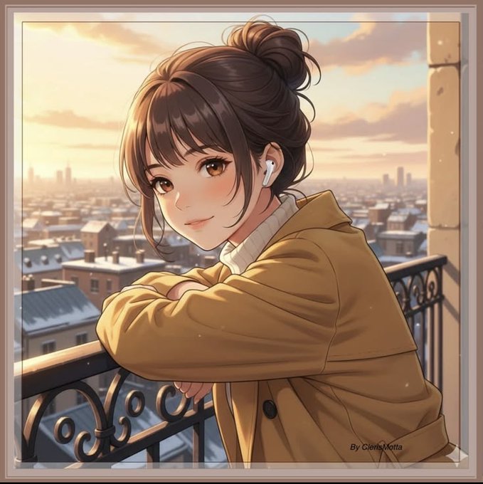 An anime-style digital illustration of a young woman with brown hair in a bun, wearing a tan coat and wireless earbuds, leaning on a wrought-iron balcony railing overlooking a snowy cityscape at sunset, signed 'By ClenaNitta'.