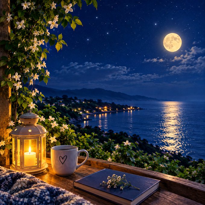 A serene nighttime scene showing a balcony overlooking a moonlit ocean, featuring a lit lantern, a white mug with a heart drawn on it, and an open book with small white flowers resting on it.