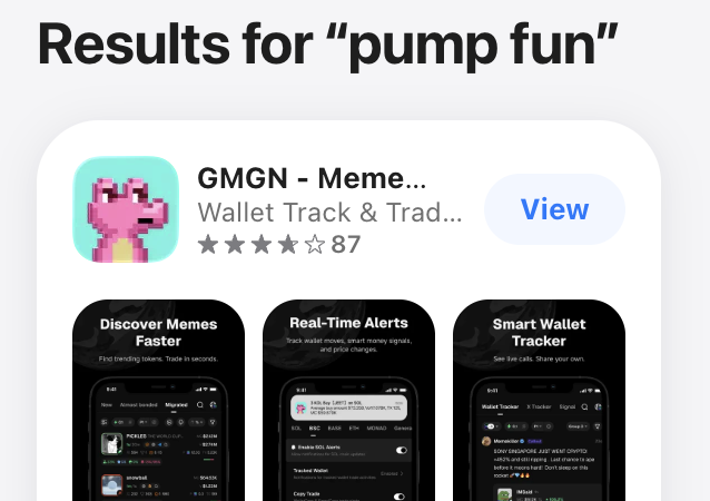A mobile app store search result showing 'GMGN - Meme Wallet Track & Trading' under the query 'pump fun', rated with 87 reviews and featuring screenshots of meme discovery, real-time alerts, and wallet tracking features.