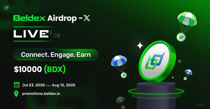 A green promotional banner for 'Beldex Airdrop - X' advertises a LIVE event with the tagline 'Connect. Engage. Earn,' offering $10000 (BDX) from Jul 23, 2025 to Aug 12, 2025 at promotions.beldex.io, featuring a 3D BDX coin and parachutes.