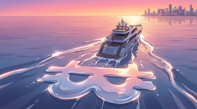 A sleek yacht glides across calm pink-hued waters at sunset, leaving behind a distinctive Bitcoin-shaped wake, with a distant city skyline on the horizon. The image ties into the post's playful "GM" crypto greeting by visually blending luxury lifestyle imagery with the Bitcoin symbol, reinforcing the bullish, adventurous spirit of trading $NAKA.