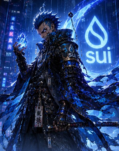 A digital illustration of a blue-haired warrior in ornate armor holding a glowing blue flame, with the 'sui' logo and Chinese characters visible in the background.
