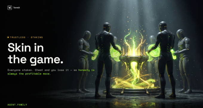 A promotional graphic for "TermiX" featuring humanoid figures gathered around a glowing green pedestal, with text reading "Skin in the game." and "TRUSTLESS - STAKING".
