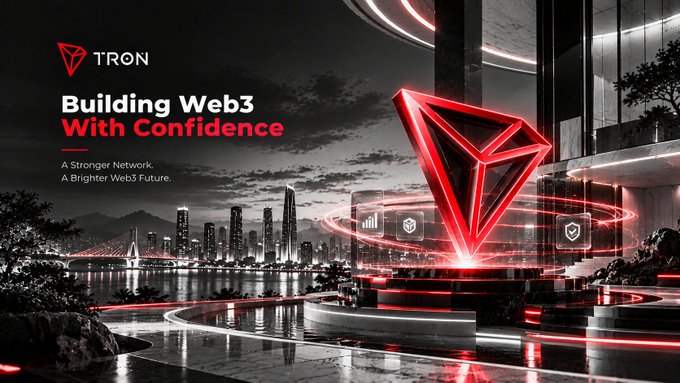 A promotional banner for the TRON blockchain network featuring a red crystal logo and futuristic cityscape, with the tagline 'Building Web3 With Confidence: A Stronger Network, A Brighter Web3 Future.'