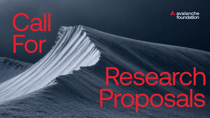 The image shows a snow-covered mountain peak against a dark sky with red text reading "Call For Research Proposals" and the Avalanche Foundation logo in the top right corner, promoting the Avalanche Foundation's research proposal initiative referenced in the Turkish announcement about receiving over 150 applications.