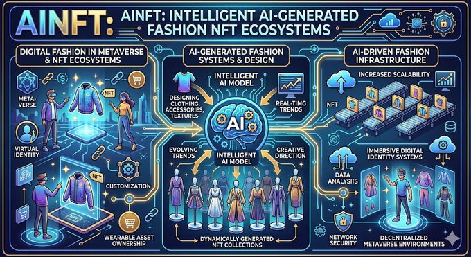 The image shows a graphic or poster illustrating a visual representation of a futuristic fashion industry using artificial intelligence (AI) and virtual reality elements. The poster features an AI-generated fashion ecosystem with different models, including people, clothing, and accessories. It also explains how AI is being used to enhance the industry by creating AI-generated fashion designs. The focus on AI and technology in this image suggests that the post is discussing the integration of AI into fashion and how it can revolutionize the industry through smart design, virtual try-on experiences, and more.
