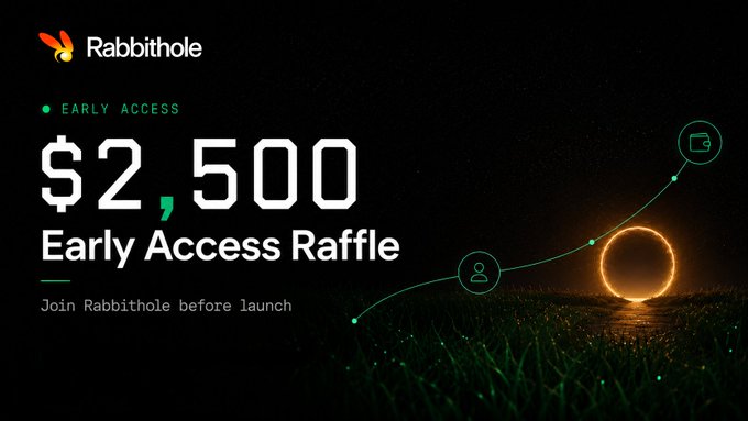 A dark promotional graphic for 'Rabbithole' advertises an 'EARLY ACCESS $2,500 Early Access Raffle' with the tagline 'Join Rabbithole before launch' alongside illustrations of a glowing circle and connected icons.
