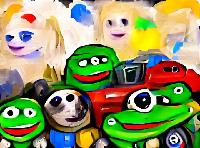 A vibrant, painterly-style digital image depicting a group of Pepe the Frog characters alongside other distorted figures.