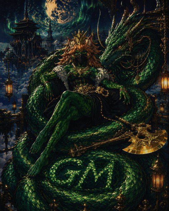 A fantasy illustration of a crowned, red-haired elf-like king with green skin sitting on a throne entwined with a massive green serpent, holding a golden axe under a full moon.
