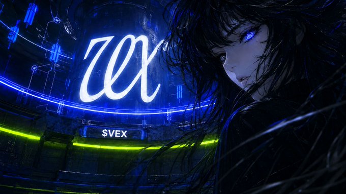 An anime-style digital artwork featuring a character with glowing blue eyes next to neon signs reading 'zeX' and '$VEX'.