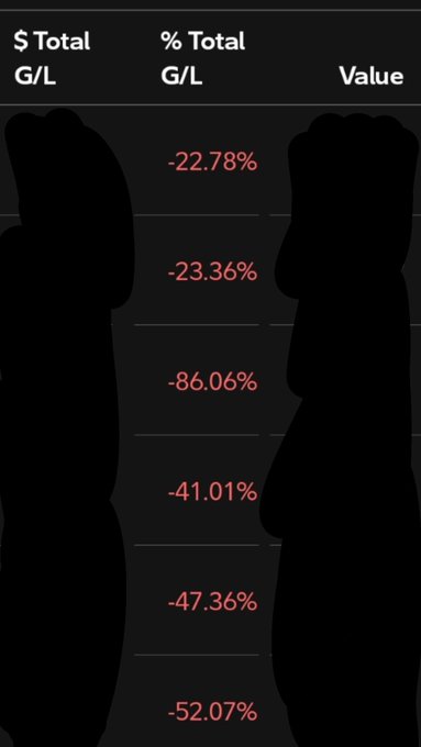 A financial portfolio table shows red percentage losses ranging from -22.78% to -86.06% in the '% Total G/L' column, with asset values obscured by black silhouettes.
