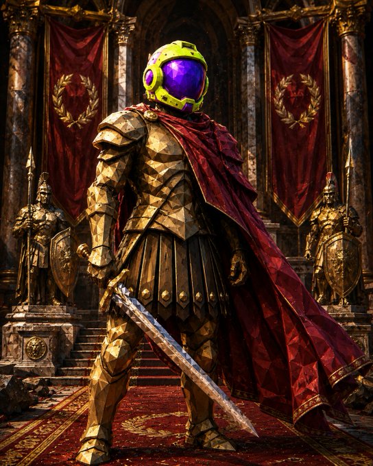 AI-generated artwork of a knight in golden armor with a red cape and a yellow/purple diving-helmet-style visor, holding a sword in a regal hall with red banners and statues.