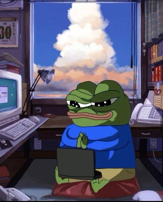 An illustration of Pepe the Frog meditating in front of a laptop with his hands pressed together, sitting in a room with a large window showing a cloud-filled sky.