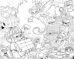 A black and white line drawing showing various cartoon characters, including a creature with a crown, a flying angel-like figure, and others in what appears to be a kitchen or shop setting.
