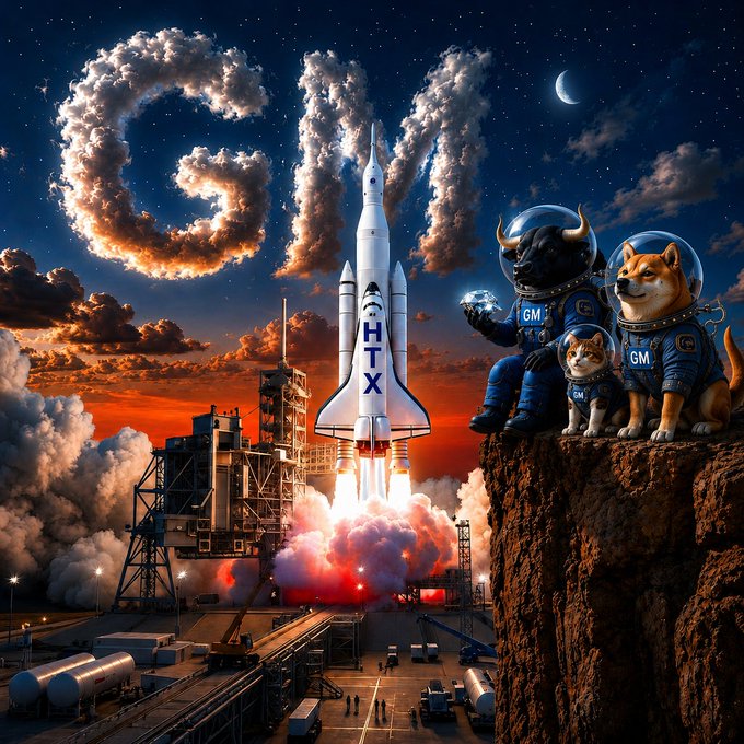 A space shuttle marked "GM" and "HTX" launches with a trail of smoke against a starry sky, while three astronauts—a bull, a Shiba Inu, and a smaller dog—all wearing spacesuits emblazoned with "GM" stand triumphantly on a cliff edge watching the liftoff. The scene visually captures the post's spirit of a "gm" greeting and an upcoming rocket launch, with the dog astronauts symbolizing the crypto community riding alongside the mission.