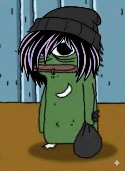 The image shows a sad, green, one-eyed cartoon creature wearing an oversized dark beanie that covers its hair, holding a trash bag with visible rips, standing against a worn wall. The creature's gloomy, worn-down appearance mirrors the post's theme of mounting trading losses — looking like a broke gambler who keeps digging themselves deeper into debt while losing everything, including their dignity, in a desperate spiral of bad bets.
