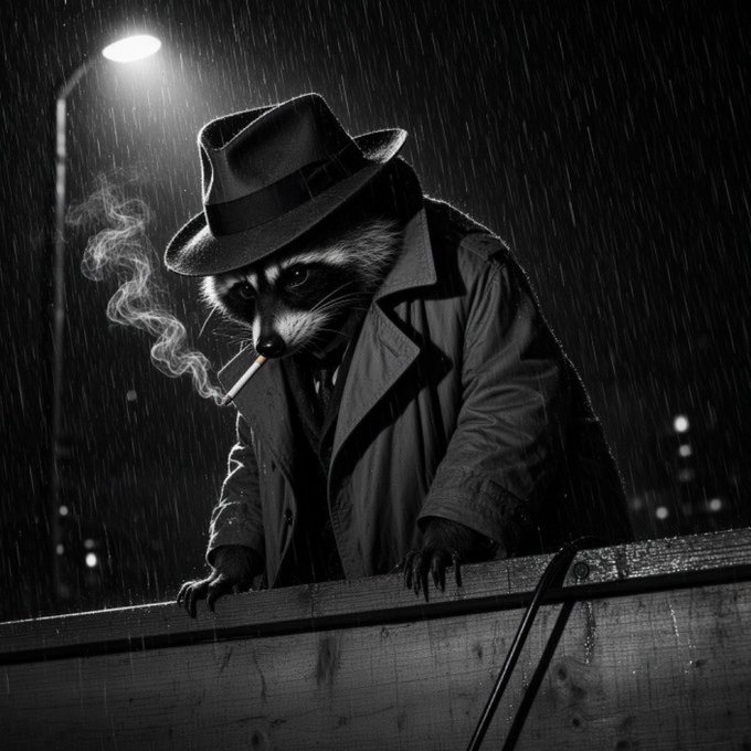 A raccoon detective in a fedora and trench coat smokes a cigarette under a rainy streetlight, embodying a noir-style sleuth digging for clues. The moody, shadowy scene mirrors the post's skeptical tone of a user investigating rumors about their fellow "$Jimothy fam."