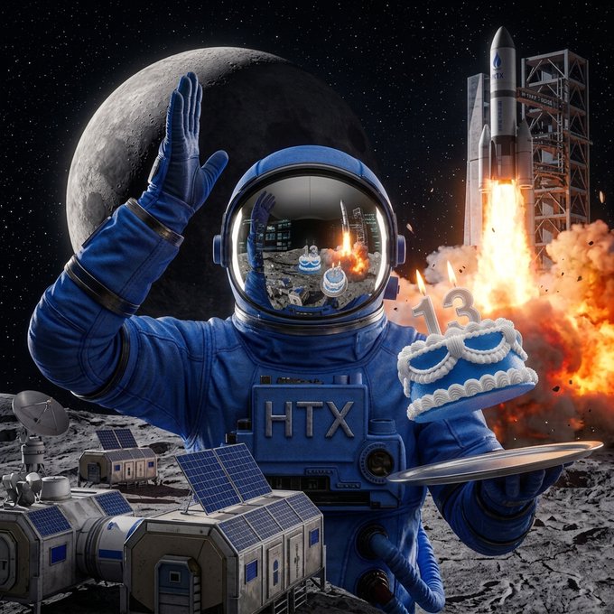 An astronaut in a blue spacesuit waves while holding a birthday cake with "13" candles, set against a lunar backdrop with a launching rocket, celebrating HTX's 13th anniversary. The visible "HTX" text on the astronaut's chest ties directly to the "#HTX13thAnniversary" milestone.
