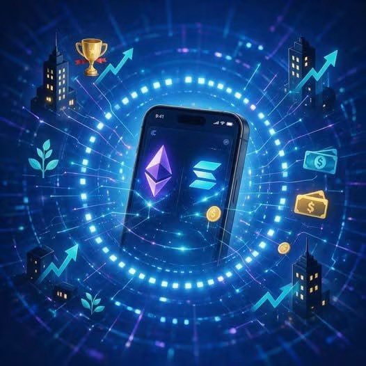 A digital illustration of a smartphone displaying cryptocurrency logos (Ethereum and Solana) surrounded by futuristic blue holographic elements, city skylines, dollar bills, and upward trending arrows representing crypto growth.