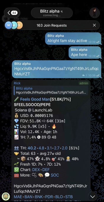 A screenshot of a Telegram chat with a group called 'Blitz alpha', showing messages about the token 'Feels Good Man [51.8K/7%] $FEELSGOOD/PEPE' with various crypto statistics displayed.