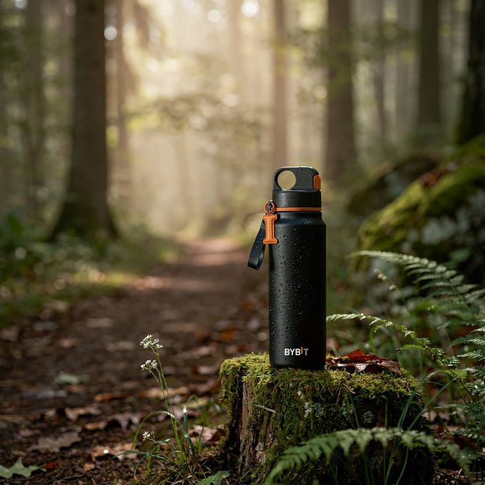 A black 'BYBIT' branded water bottle sitting on a mossy tree stump in a sunlit forest path, surrounded by ferns and wildflowers.