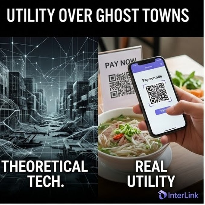 A meme titled 'UTILITY OVER GHOST TOWNS' contrasting 'THEORETICAL TECH' (a dark, network-covered cityscape) with 'REAL UTILITY' (a person scanning a QR code to pay for a meal with crypto), branded with the InterLink logo.