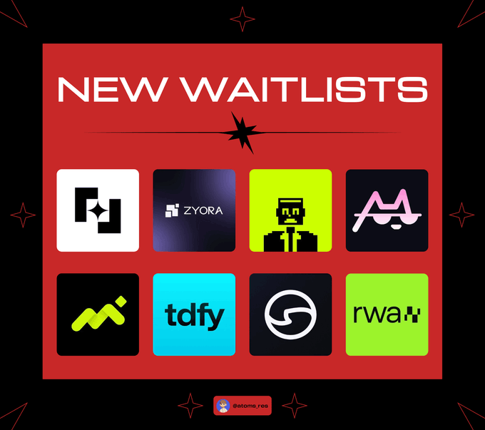 A graphic featuring a red background with the bold header "NEW WAITLISTS" displays 8 app/project logos arranged in a 2x4 grid, including Fairblock, ZYORA, tdfy, rwaX, and others. The image serves as a visual companion to a post highlighting early opportunities, prominently featuring Fairblock and Zyora among the new waitlists to join.